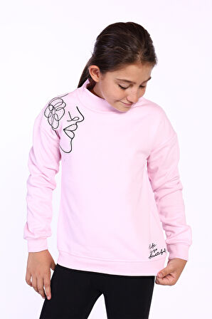Toontoy Kız Çocuk Nakışlı Taş İşlemeli Balıkçı Yaka Sweatshirt