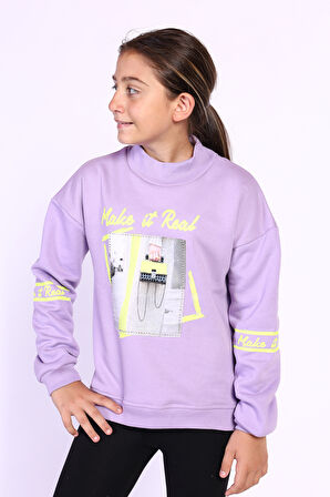 Toontoy Kız Çocuk Baskılı Taş İşlemeli Balıkçı Yaka Sweatshirt