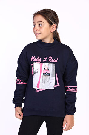Toontoy Kız Çocuk Baskılı Taş İşlemeli Balıkçı Yaka Sweatshirt