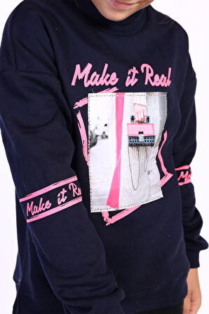Toontoy Kız Çocuk Baskılı Taş İşlemeli Balıkçı Yaka Sweatshirt