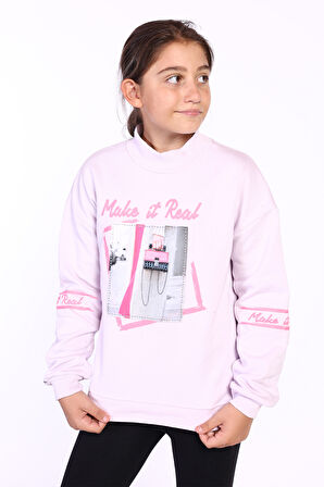 Toontoy Kız Çocuk Baskılı Taş İşlemeli Balıkçı Yaka Sweatshirt
