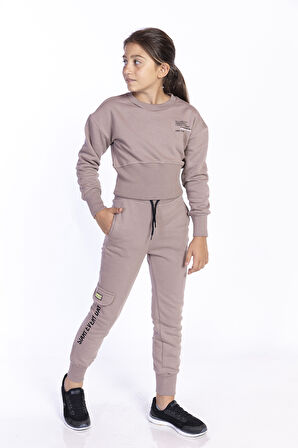 Toontoy Kız Çocuk Bisiklet Yaka Düşük Kol Crop Eşofman Takım