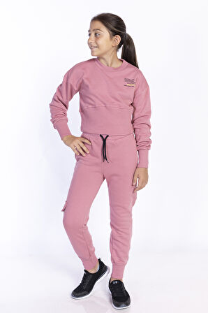 Toontoy Kız Çocuk Bisiklet Yaka Düşük Kol Crop Eşofman Takım