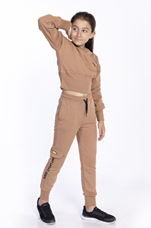 Toontoy Kız Çocuk Bisiklet Yaka Düşük Kol Crop Eşofman Takım