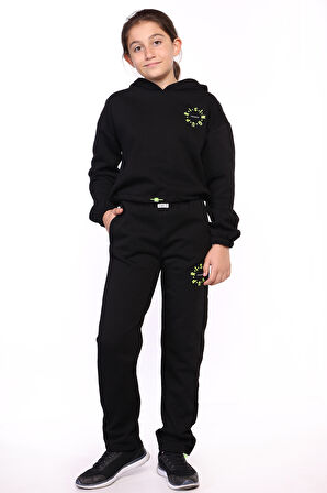 Toontoy Kız Çocuk Kapüşonlu Baskılı Crop Takım