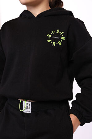 Toontoy Kız Çocuk Kapüşonlu Baskılı Crop Takım