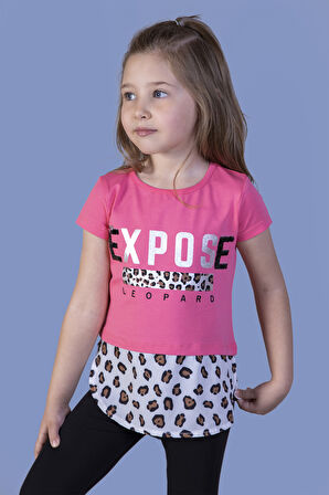 Toontoy Kız Çocuk Leopar Desenli Poplin Detaylı Tişört