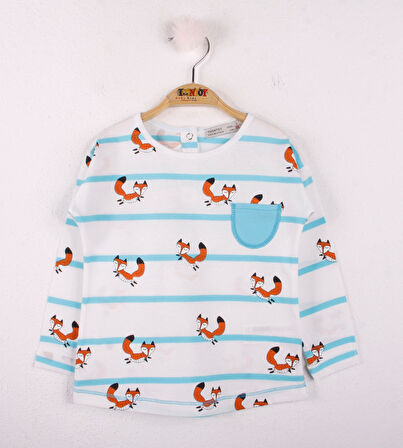 Toontoy Kız Bebek T-Shirt Çizgili Cepli Tilki Baskı