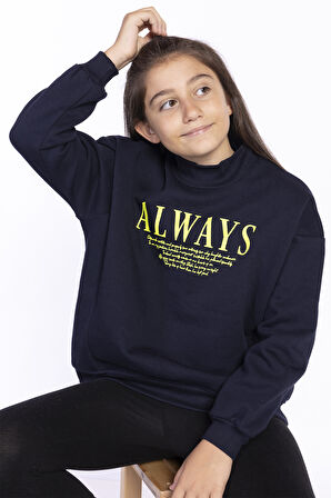 Toontoy Kız Çocuk Baskılı Balıkçı Yaka Sweatshirt