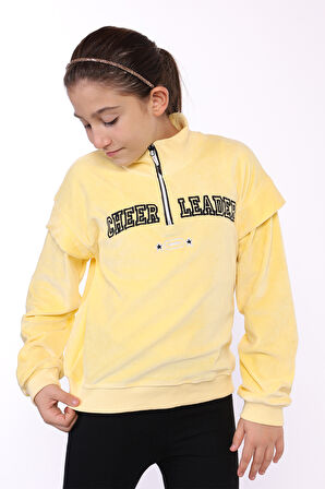 Toontoy Kız Çocuk Fermuar Detaylı Nakışlı Kadife Sweatshirt