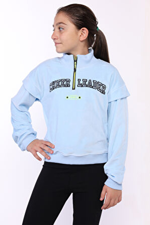 Toontoy Kız Çocuk Fermuar Detaylı Nakışlı Kadife Sweatshirt