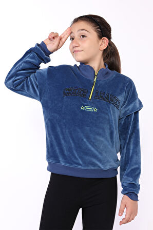 Toontoy Kız Çocuk Fermuar Detaylı Nakışlı Kadife Sweatshirt