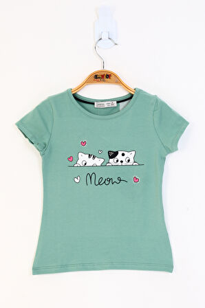 Toontoy Kız Çocuk Kedi Baskılı Tişört
