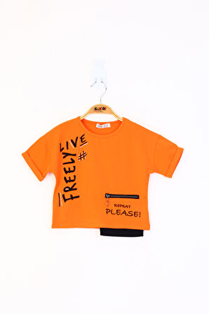 Toontoy Kız Çocuk Neon Uyumlu Cep Detaylı Baskılı Tişört