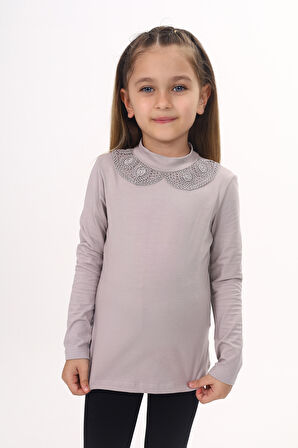 Toontoy Kız Çocuk Yakası Dantel Detaylı Tişört