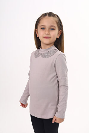 Toontoy Kız Çocuk Yakası Dantel Detaylı Tişört