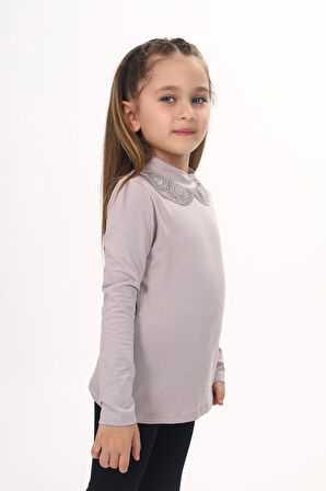 Toontoy Kız Çocuk Yakası Dantel Detaylı Tişört