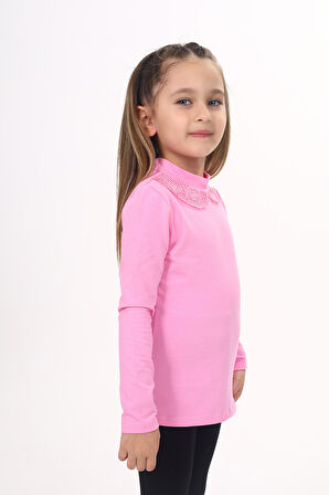 Toontoy Kız Çocuk Yakası Dantel Detaylı Tişört