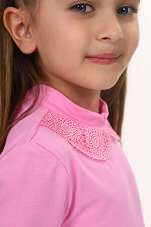 Toontoy Kız Çocuk Yakası Dantel Detaylı Tişört