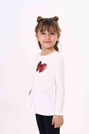 Toontoy Kız Çocuk Göğsü Pullu Fiyonklu Nakışlı T-Shirt