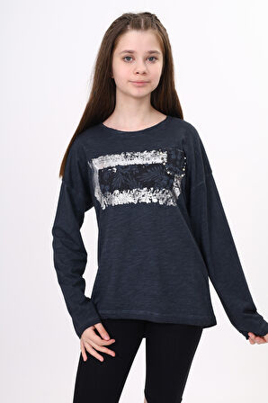 Toontoy Kız Çocuk Tişört Göğsü Cepli Varak Baskılı