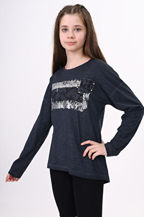 Toontoy Kız Çocuk Tişört Göğsü Cepli Varak Baskılı