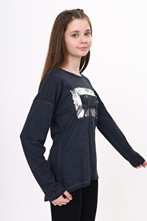 Toontoy Kız Çocuk Tişört Göğsü Cepli Varak Baskılı