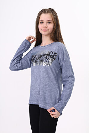 Toontoy Kız Çocuk Tişört Göğsü Cepli Varak Baskılı