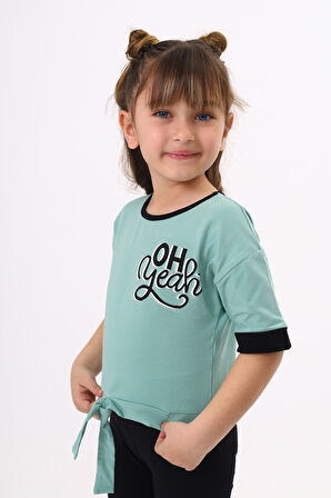 Toontoy Kız Çocuk Önü Bağlama Detaylı Baskılı Tişört