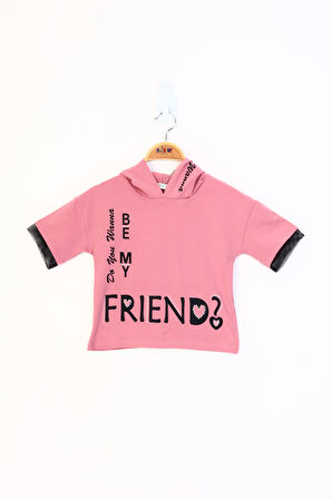 Toontoy Kız Çocuk Kapüşonlu Kolları File Detaylı Baskılı Tişört