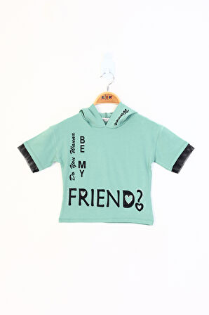 Toontoy Kız Çocuk Kapüşonlu Kolları File Detaylı Baskılı Tişört