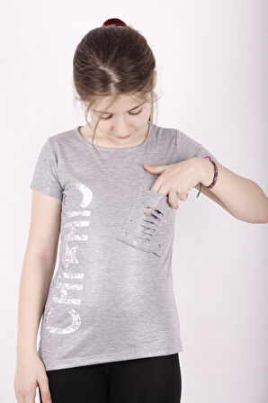 Toontoy Kız Çocuk Yıldız Baskılı Kesik Cep Detaylı Tişört