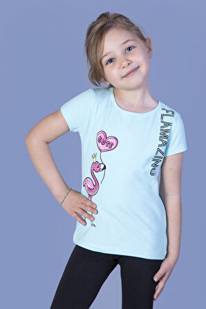 Toontoy Kız Çocuk Flamingo Desenli Taş İşlemeli Baskılı Tişört