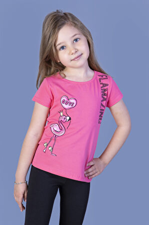Toontoy Kız Çocuk Flamingo Desenli Taş İşlemeli Baskılı Tişört