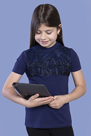 Toontoy Kız Çocuk Önü Çiçek Dantelli T-Shirt