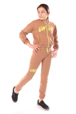 Toontoy Kız Çocuk 2'li Takım Baskılı Dik Yaka Fermuarlı Sweatshirt & Beli Paçası Lastikli Jogger Eşofman Altı - 2 İplik