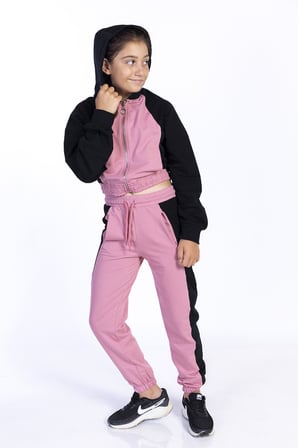Toontoy Kız Çocuk 2'li Takım Kapüşonlu Fermuarlı Sweatshirt & Beli Paçası Lastikli Cepli Jogger Eşofman Altı - Renk Bloklu & 2 İplik