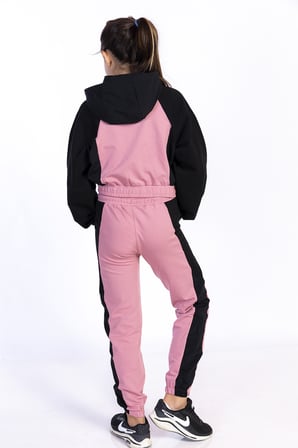 Toontoy Kız Çocuk 2'li Takım Kapüşonlu Fermuarlı Sweatshirt & Beli Paçası Lastikli Cepli Jogger Eşofman Altı - Renk Bloklu & 2 İplik