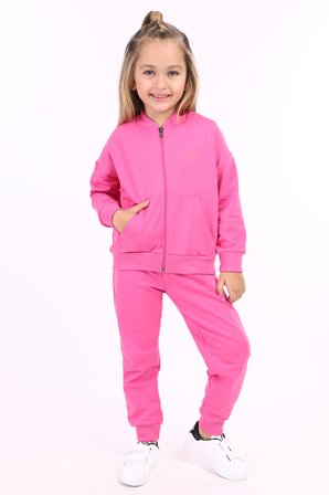 Toontoy Kız Çocuk 2'li Takım Kolej Yaka Fermuarlı Cepli Sweatshirt & Beli Paçası Ribanalı Cepli Jogger Eşofman Altı - 2 İplik