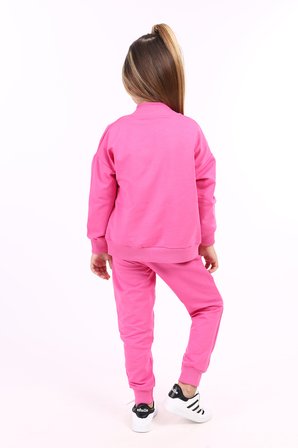 Toontoy Kız Çocuk 2'li Takım Kolej Yaka Fermuarlı Cepli Sweatshirt & Beli Paçası Ribanalı Cepli Jogger Eşofman Altı - 2 İplik