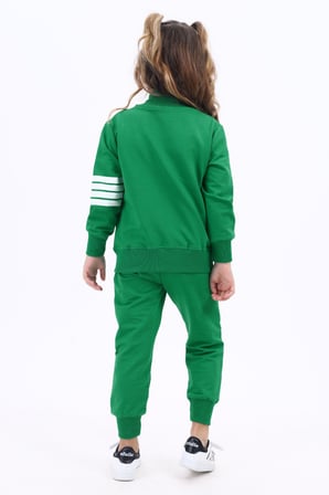 Toontoy Kız Çocuk 2'li Takım Nakış Baskılı Dik Yaka Fermuarlı Sweatshirt & Beli Paçası Lastikli Ribanalı Jogger Eşofman Altı - Bant Detaylı & 2 İplik