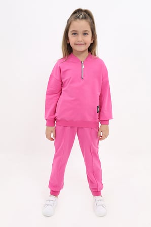 Toontoy Kız Çocuk 2'li Takım Baskılı Kolej Yaka Fermuarlı Cepli Sweatshirt & Beli Paçası Ribanalı Jogger Eşofman Altı - Nervürlü & 2 İplik