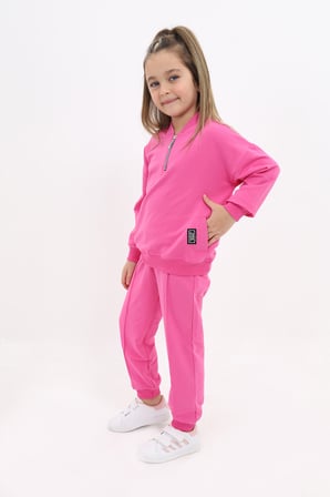 Toontoy Kız Çocuk 2'li Takım Baskılı Kolej Yaka Fermuarlı Cepli Sweatshirt & Beli Paçası Ribanalı Jogger Eşofman Altı - Nervürlü & 2 İplik