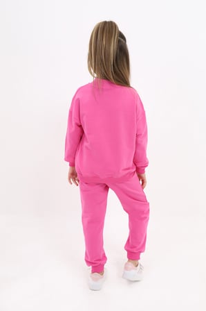 Toontoy Kız Çocuk 2'li Takım Baskılı Kolej Yaka Fermuarlı Cepli Sweatshirt & Beli Paçası Ribanalı Jogger Eşofman Altı - Nervürlü & 2 İplik