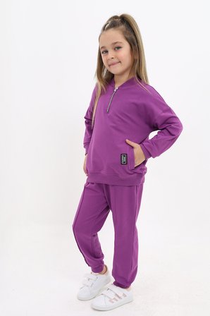 Toontoy Kız Çocuk 2'li Takım Baskılı Kolej Yaka Fermuarlı Cepli Sweatshirt & Beli Paçası Ribanalı Jogger Eşofman Altı - Nervürlü & 2 İplik