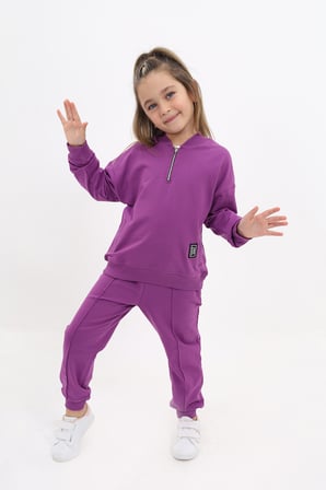Toontoy Kız Çocuk 2'li Takım Baskılı Kolej Yaka Fermuarlı Cepli Sweatshirt & Beli Paçası Ribanalı Jogger Eşofman Altı - Nervürlü & 2 İplik