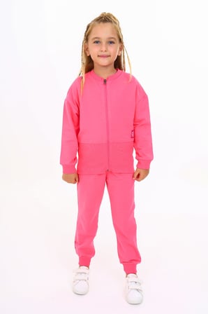 Toontoy Kız Çocuk 2'li Takım Baskılı Bisiklet Yaka Fermuarlı Ribanalı Sweatshirt & Beli Paçası Ribanalı Jogger Eşofman Altı - 2 İplik