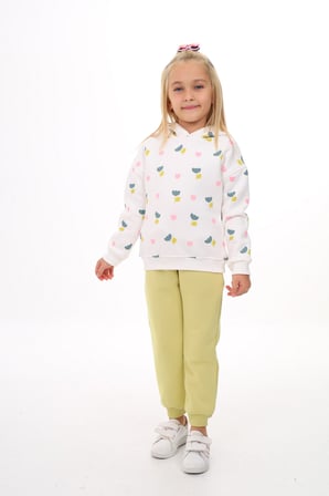 Toontoy Kız Çocuk 2'li Takım Baskılı Kapüşonlu Sweatshirt & Beli Paçası Lastikli Jogger Eşofman Altı - Renk Bloklu & 3 İplik Şardonlu