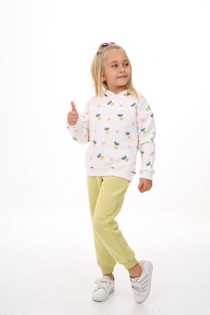 Toontoy Kız Çocuk 2'li Takım Baskılı Kapüşonlu Sweatshirt & Beli Paçası Lastikli Jogger Eşofman Altı - Renk Bloklu & 3 İplik Şardonlu