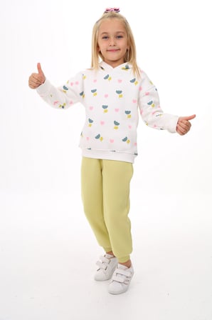 Toontoy Kız Çocuk 2'li Takım Baskılı Kapüşonlu Sweatshirt & Beli Paçası Lastikli Jogger Eşofman Altı - Renk Bloklu & 3 İplik Şardonlu